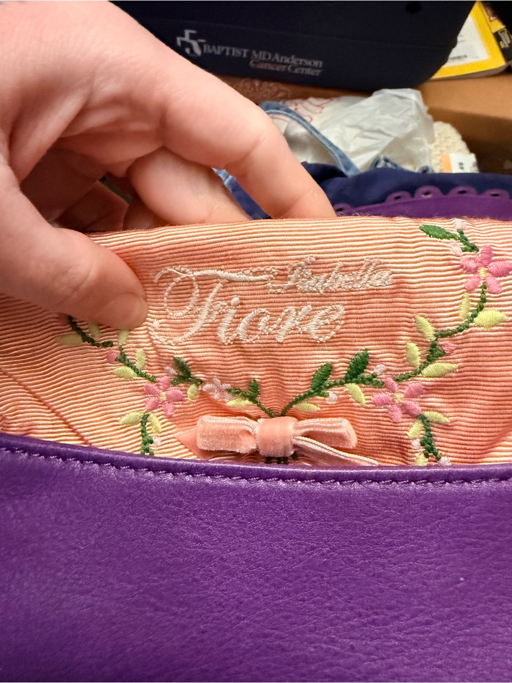 Isabella Fiore Purple Shoulder Bag with Pink Embroidered Lining and Bow Accent